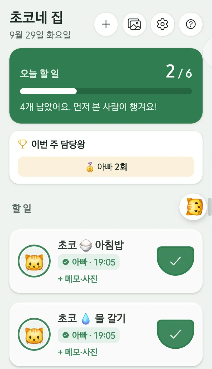 초록색 머리글의 앱 화면. 위에 「초코네 집」과 날짜가 있고, 짙은 초록 카드에 「오늘 할 일 2 / 6」과 진행 막대, 그 아래 「4개 남았어요. 먼저 본 사람이 챙겨요!」가 적혀 있다. 다음 칸은 「이번 주 담당왕 — 아빠 2회」이고, 아래로 「초코 아침밥」과 「초코 물 갈기」 항목이 각각 고양이 얼굴과 「아빠 · 19:05」 표시, 오른쪽에 초록색 체크 단추와 함께 놓여 있다