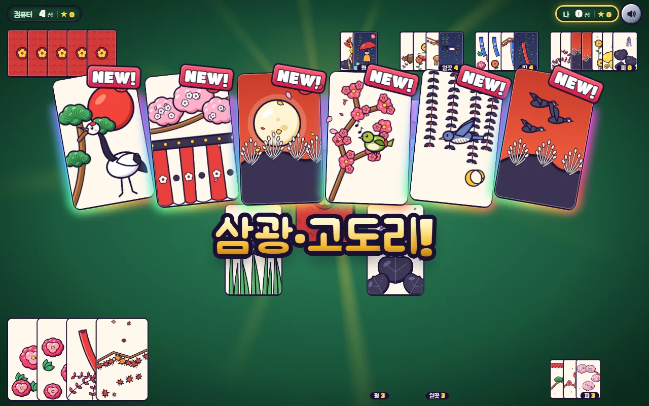 초록 담요 위로 화투 여섯 장이 부채꼴로 불려 나와 있다. 붉은 해와 학, 벚꽃 휘장, 보름달, 매화 가지의 꾀꼬리, 흑싸리의 두견새, 붉은 하늘의 기러기 카드에 무지개 테와 NEW 배지가 붙었고, 아래에 삼광·고도리! 글자가 떠 있다